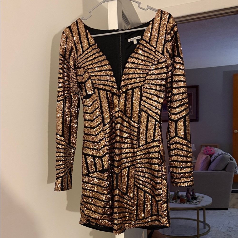 Charlotte Russe Black and Gold Sequin Long Sleeve Dress
